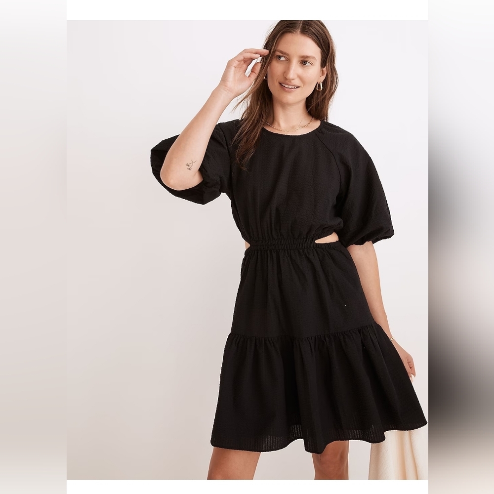 Madewell Women's Seersucker Puff Sleeve Cutout Dress, Size XL